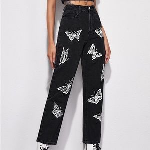 High Waisted Butterfly Print Mom Jeans SHEIN
